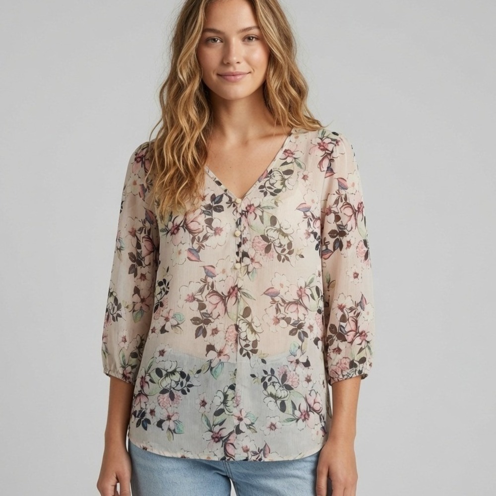 Living Doll Feminine Floral Casual V-Neck Blouse Cream Pink Boho Casual Top M